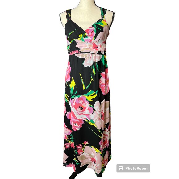 Ann Taylor Maxi Dress in Pink Black and Yellow Floral Chiffon Size 4 Petite - Picture 1 of 5